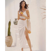Ruched High-Slit Midi Skirt in Silk with Adjustable Drawstring Detail